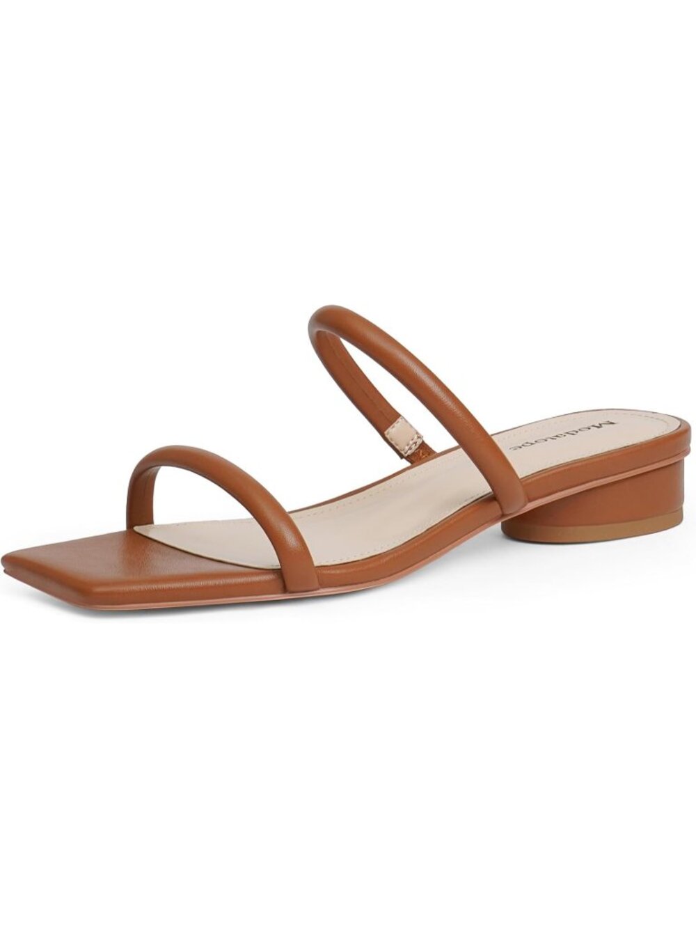 Women's Brown Faux Leather Two Strap Chunky Square Open Toe Low Heel Sandals